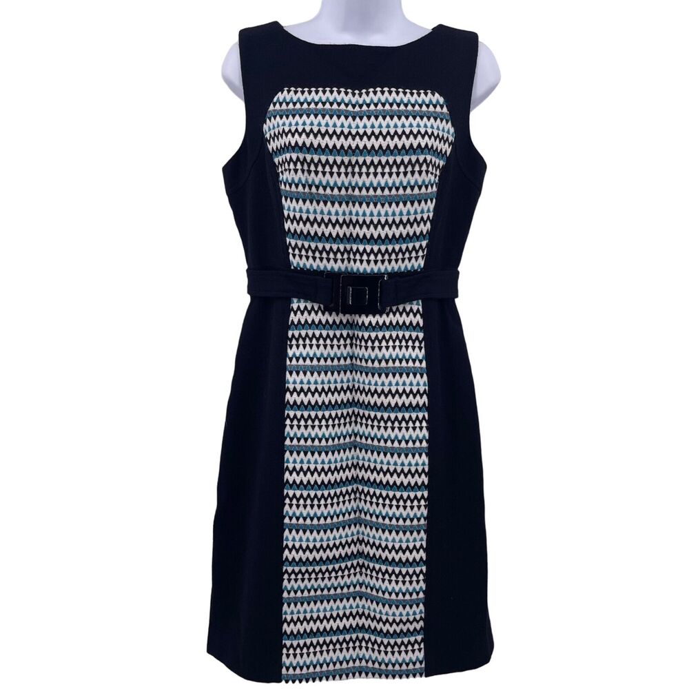 MILLY Sz 8 Sleeveless Dress Belted Slimming Black Turquoise Blue Chevron Wool